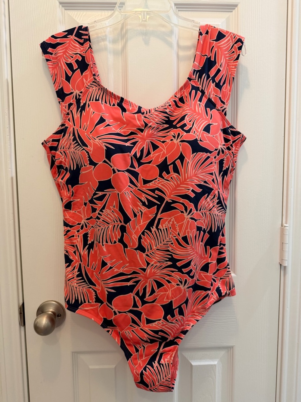 Lands End 18W One Piece Swimsuit Pink Navy Palm Wood Lily Cap Sleeve Shelf Bra